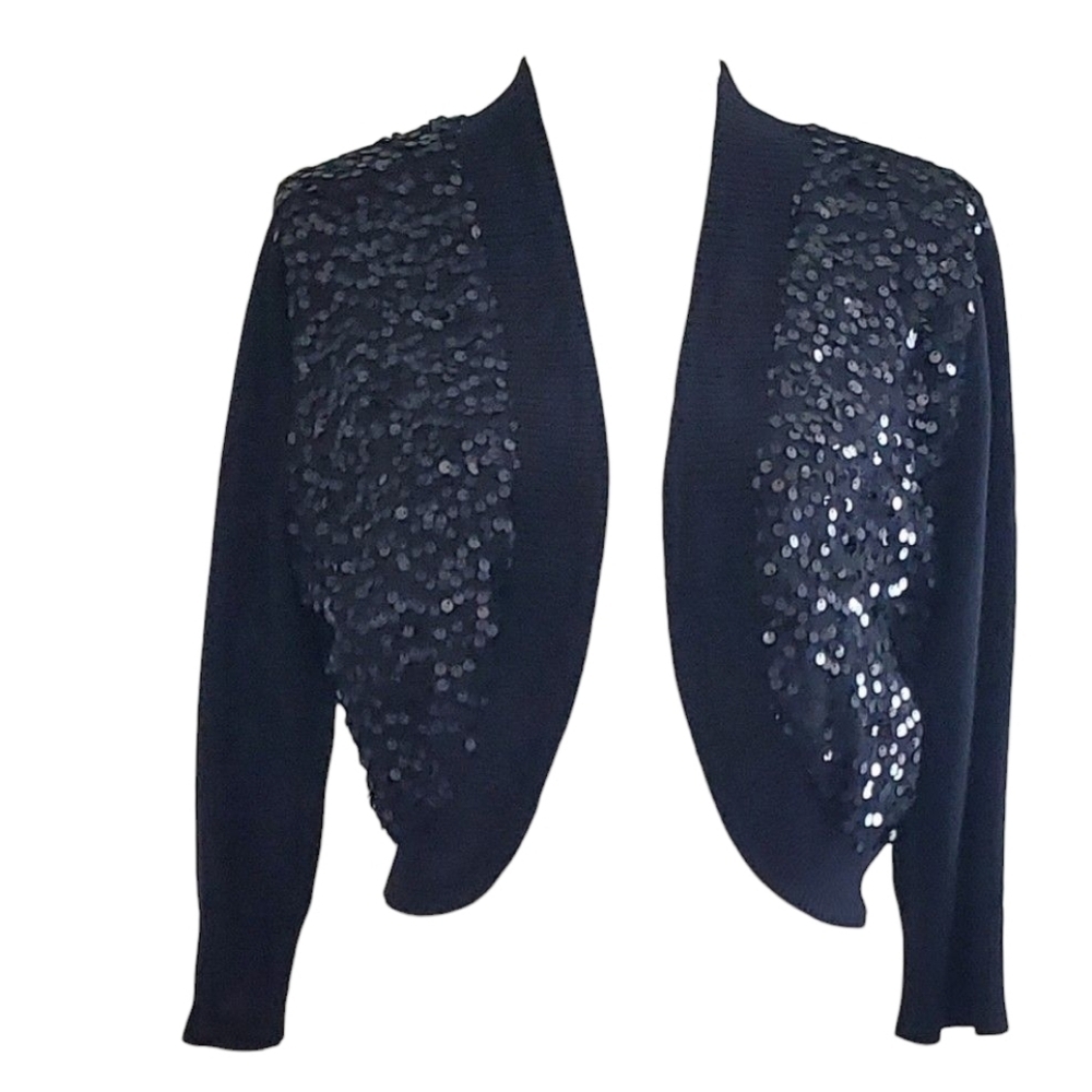 Elle Black Sequin Open Front Cropped Shrug Cardigan Sweater 3/4 Sleeve Size L - Picture 8 of 8